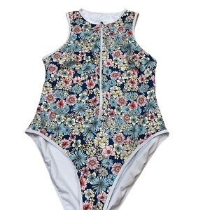 Floral Zip-Front One-Piece Swimsuit - Navy Multi